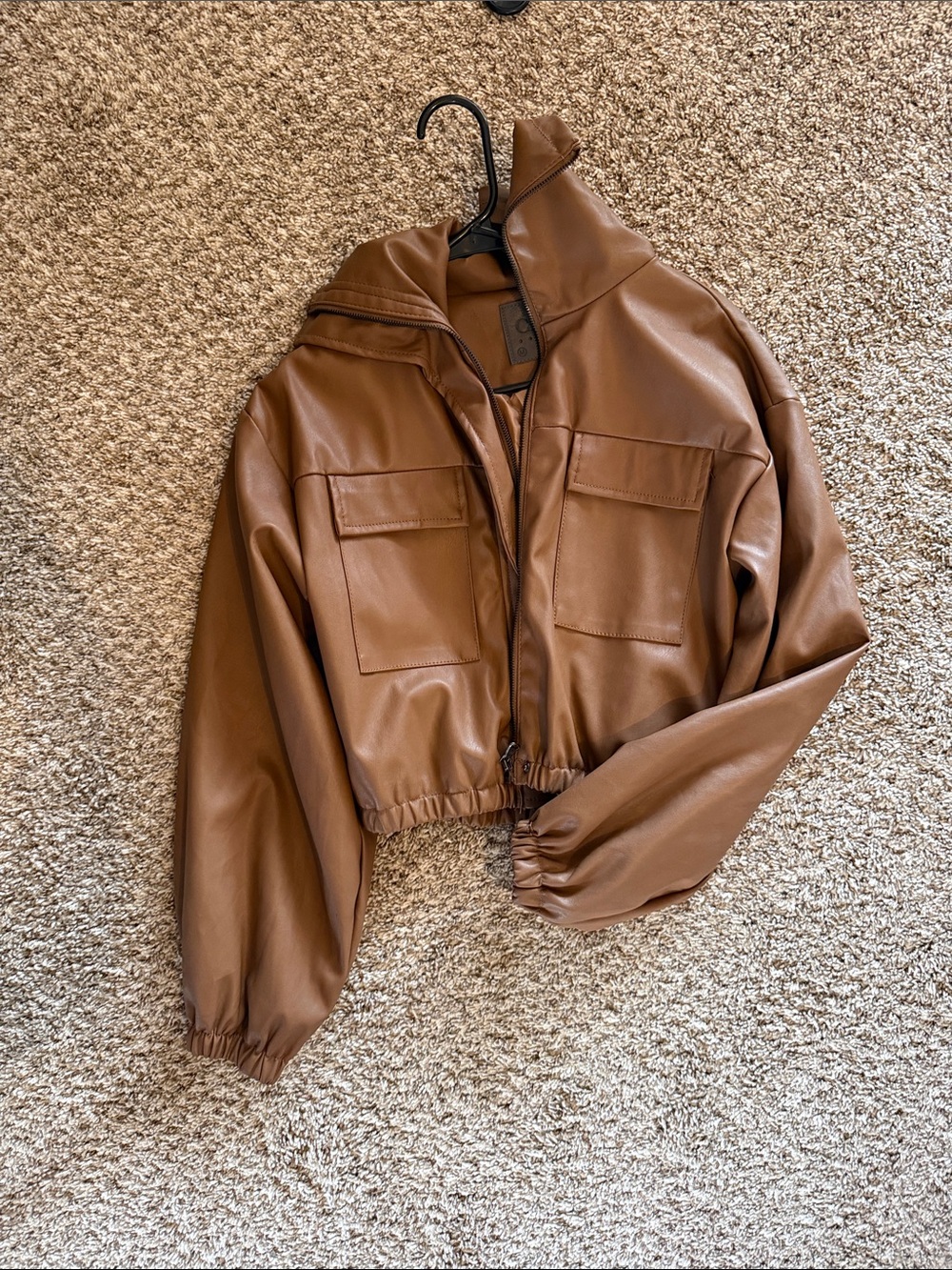 Cropped Faux Leather Utility Jacket - Brown